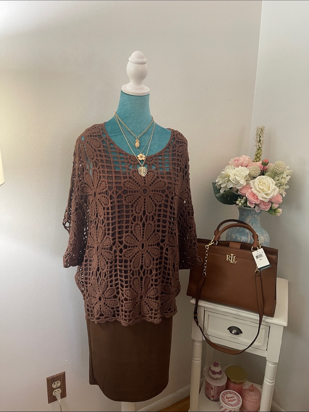 Crochet Dark Brown Lace Overlay Top